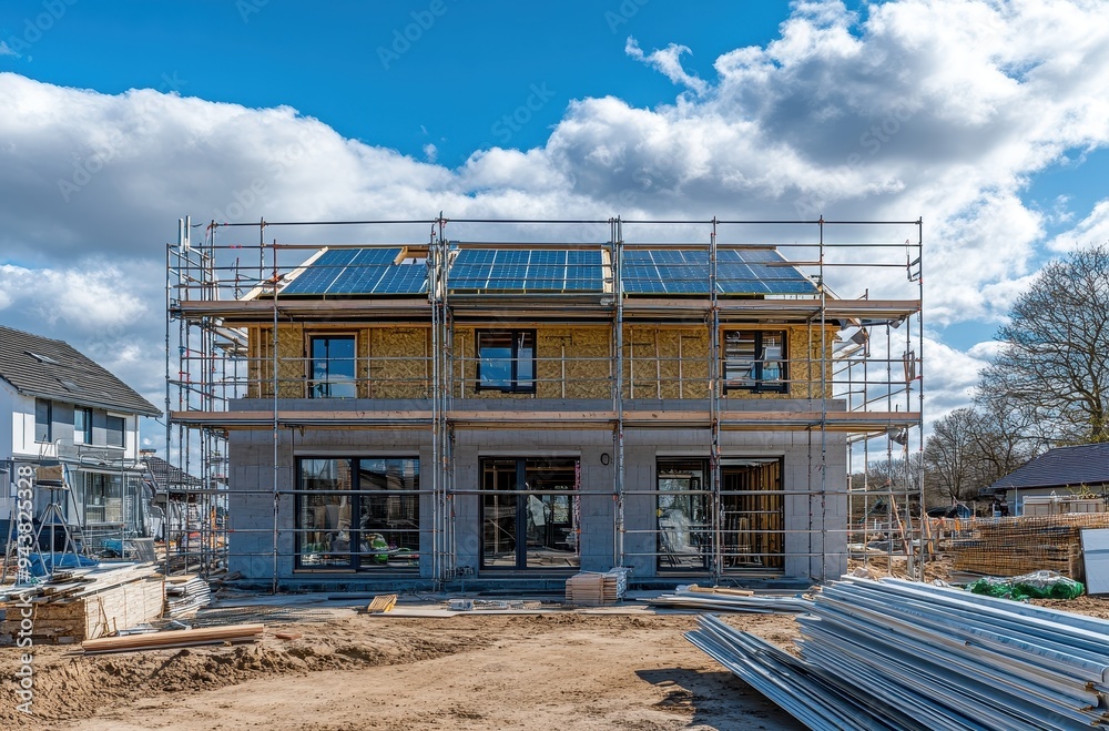 Construction of a Modern House with Solar Panels
