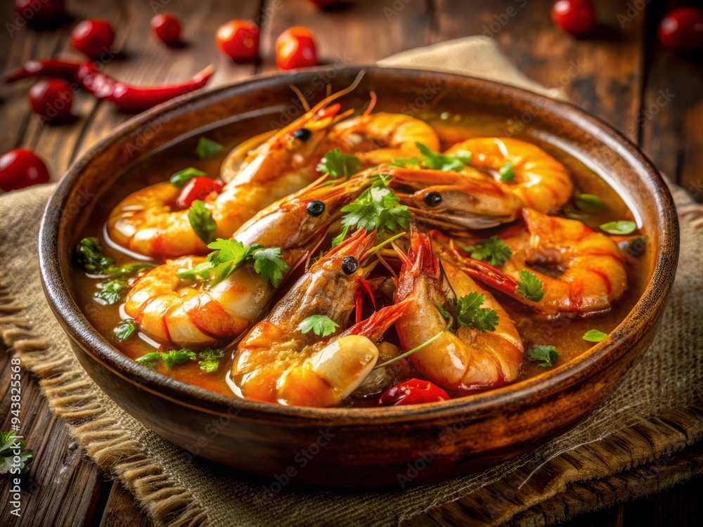 Vibrant close-up of succulent shrimp swimming in amber fish sauce, warm golden light, shallow depth, rustic wooden table, artisanal stoneware, bold contrasting colors. Vibrant close-up of succulent shrimp swimming in amber fish sauce, warm golden light, shallow depth, rustic wooden table, artisanal stoneware, bold contrasting colors.
