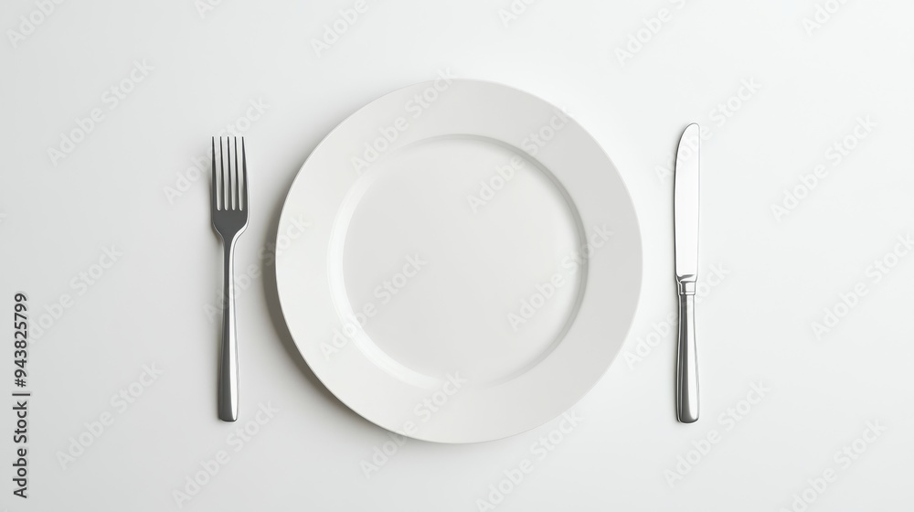 A 3D simple style icon of a white ceramic plate with a fork and knife neatly placed on either side isolated against a white background symbolizing dining and kitchenware. A 3D simple style icon of a white ceramic plate with a fork and knife neatly placed on either side isolated against a white background symbolizing dining and kitchenware.