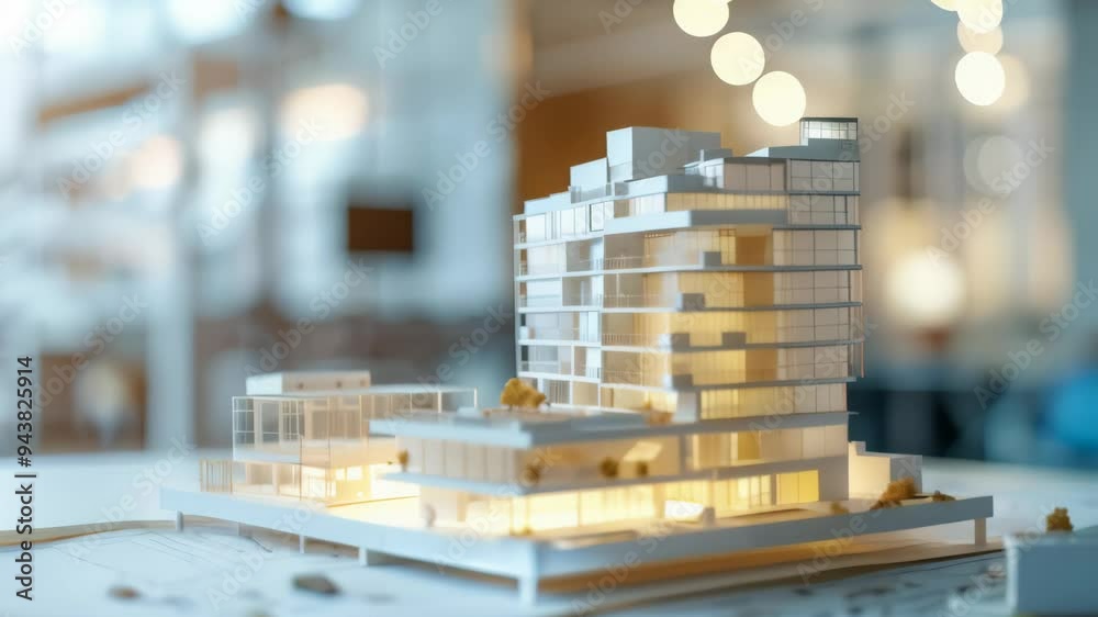 Architectural scale model of a modern building on top of blueprints, illuminated in a bright, well-lit workspace. Concept of architecture, urban planning, and engineering design, Architectural scale model of a modern building on top of blueprints, illuminated in a bright, well-lit workspace. Concept of architecture, urban planning, and engineering design,