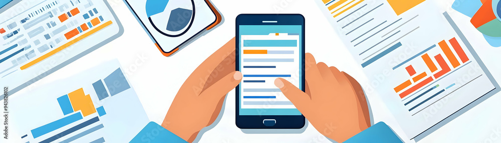 Person Reviewing Financial Reports concept as A person reviewing financial reports on their phone with a plain background providing ample space for text or design elements. in Simple flat vector illu Person Reviewing Financial Reports concept as A person reviewing financial reports on their phone with a plain background providing ample space for text or design elements. in Simple flat vector illu