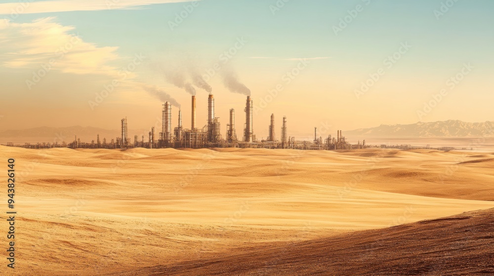 A desert landscape with mirage-like oil refineries, highlighting the illusion and uncertainty in predicting oil prices. [oil price], [uncertainty] 