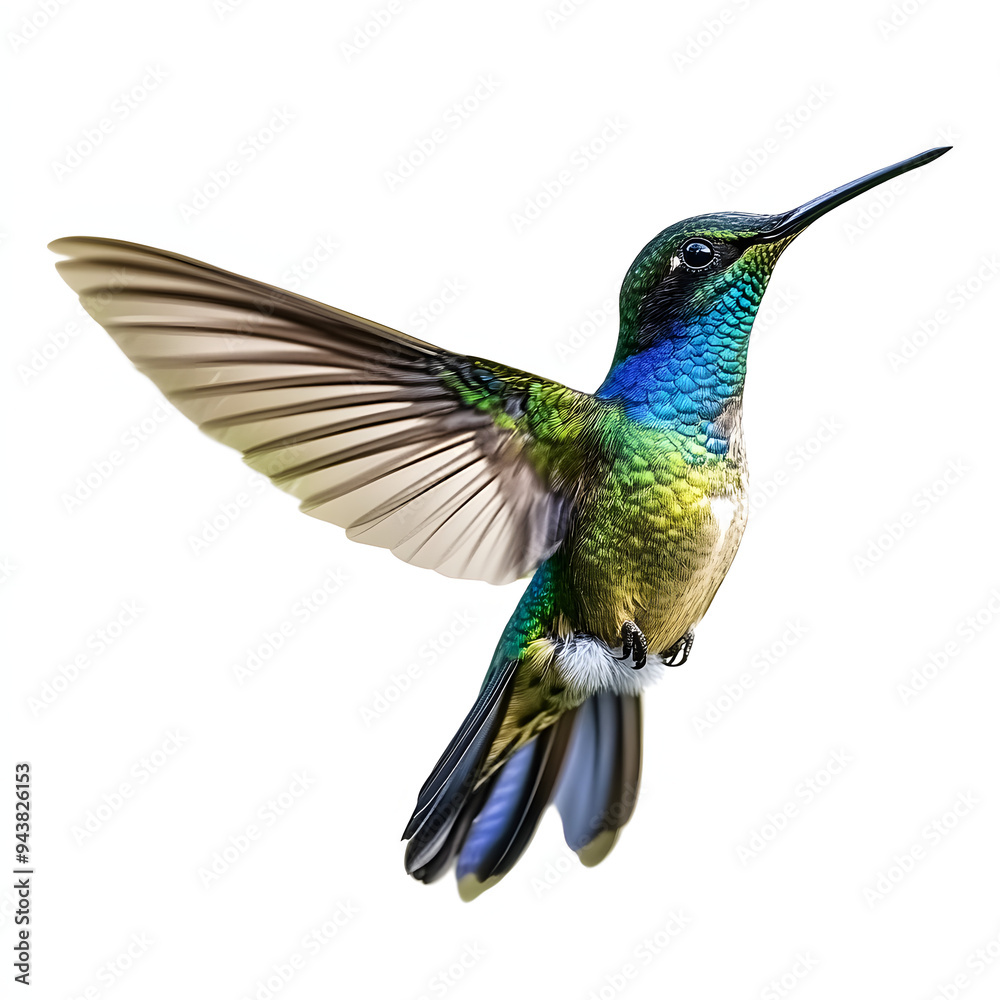 Fototapeta premium A vibrant hummingbird with iridescent green, blue, and brown feathers hovers mid-flight against a white background.