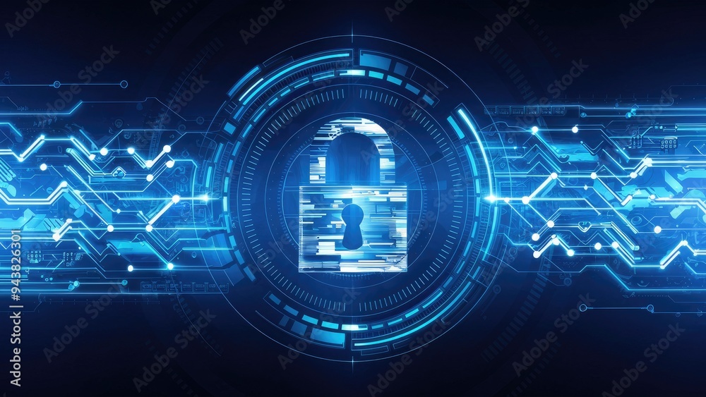 Obraz premium Digital interface concept featuring a padlock symbolizing data security against a dark background.