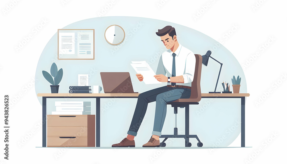 Flat Manager reviewing documents in a casual office setting concept as A candid shot of a manager casually reviewing documents in an office. The scene captures the managers focus and attention to deta Flat Manager reviewing documents in a casual office setting concept as A candid shot of a manager casually reviewing documents in an office. The scene captures the managers focus and attention to deta