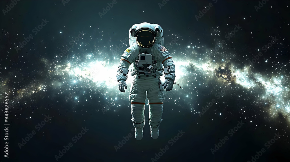 Fototapeta premium Astronaut floating in space against a backdrop of stars and a galaxy.