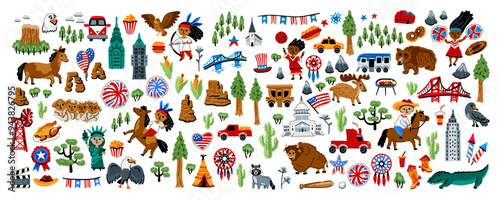 A huge set of North American elements. Symbols of Canada. Nature, animals, characters, objects. For maps and children designs. Travel landmarks illustrations. Cartoon style. Childish artwork