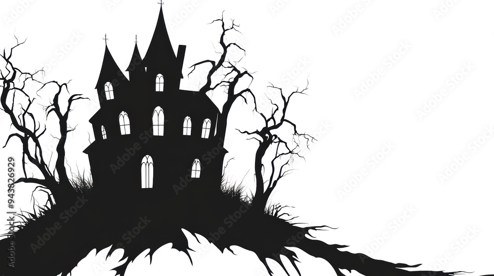 Fototapeta premium Eerie Haunted House Silhouette with Crooked Windows on White Background