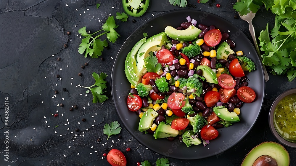 A dark plate showcasing a mix of black beans, corn, avocado, and tomatoes, topped with cilantro-lime dressing, presented elegantly with the vibrant colors standing out against the background, A dark plate showcasing a mix of black beans, corn, avocado, and tomatoes, topped with cilantro-lime dressing, presented elegantly with the vibrant colors standing out against the background,