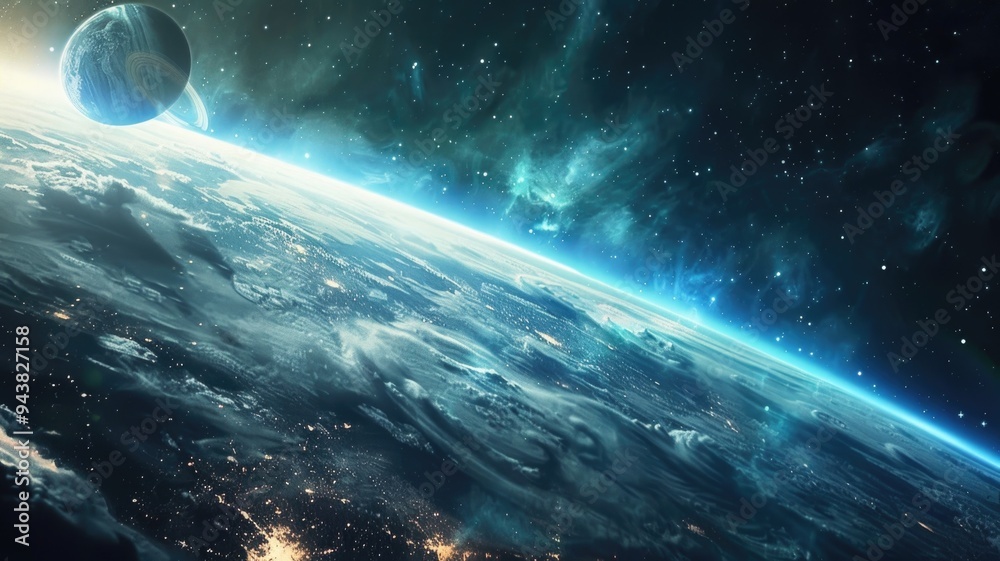 Naklejka premium View of the galaxy from a spaceship, showcasing the beauty and vastness of space