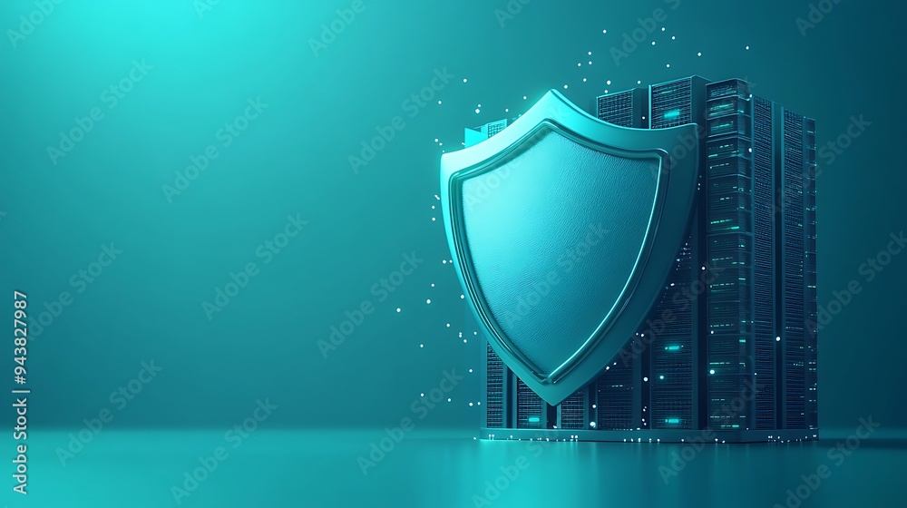 Fototapeta premium A digital shield symbolizes cybersecurity protection for server data in a futuristic blue-toned background, representing online safety.