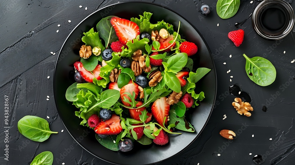 A dark plate showcasing a mix of fresh greens, strawberries, blueberries, nuts, and balsamic reduction, presented elegantly with the vibrant colors standing out against the background, using natural, A dark plate showcasing a mix of fresh greens, strawberries, blueberries, nuts, and balsamic reduction, presented elegantly with the vibrant colors standing out against the background, using natural,