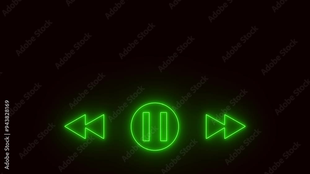 Neon line music sign animation on the black background. Music timeline or video track player icon. Neon Glowing Video Play, Go Back and Forward Icon Animation In Black Background.