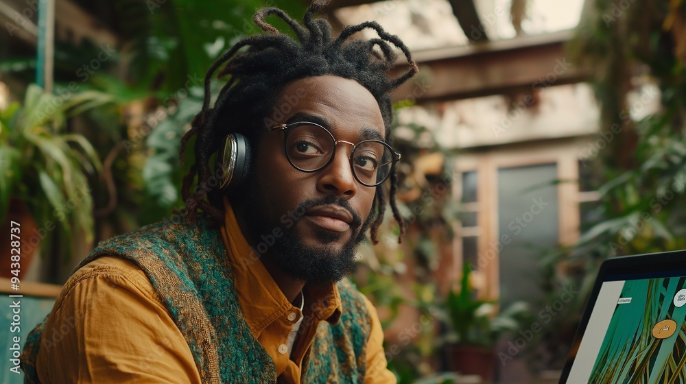 Young man with dreadlocks, wearing glasses and headphones, working on a laptop in a lush indoor setting. Young man with dreadlocks, wearing glasses and headphones, working on a laptop in a lush indoor setting.