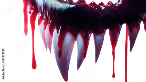 Sinister Vampire Fangs Dripping Fake Blood on White Background photo