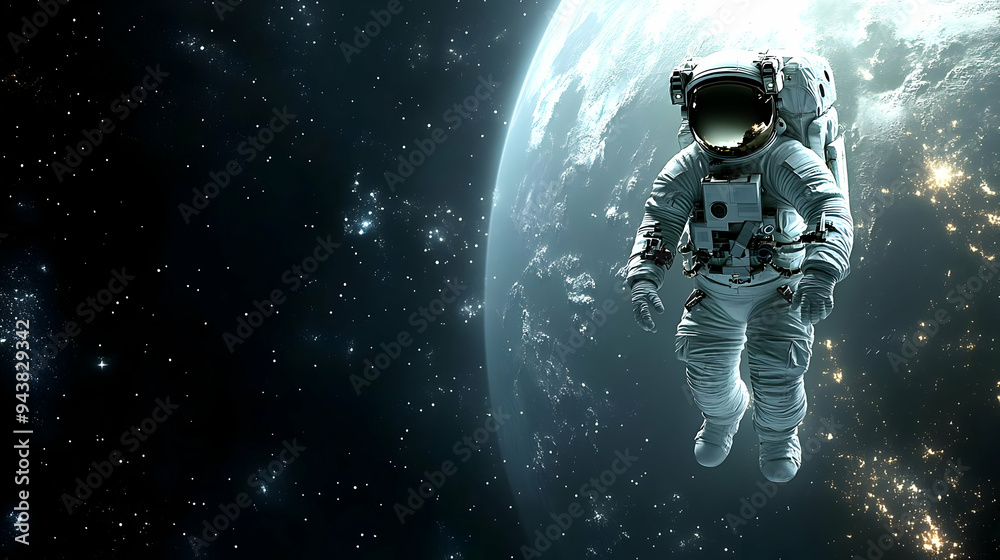 Fototapeta premium Astronaut floating in space with a planet in the background.