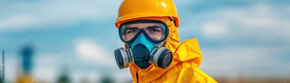 A professional in a protective suit wearing a gas mask, ready to work in hazardous environments. Safety gear for protection. A professional in a protective suit wearing a gas mask, ready to work in hazardous environments. Safety gear for protection.