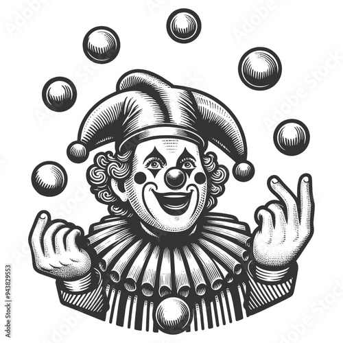 Circus Jester clown juggling balls, featuring a detailed, classic circus theme sketch engraving generative ai fictional character vector illustration. Scratch board imitation. Black and white image.