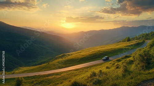 Car drive on mountain road landscape in the sunset. Nature scenery on the highway in green mountains. Summer travel on forest road. Car driving in the beautiful nature of Europe.