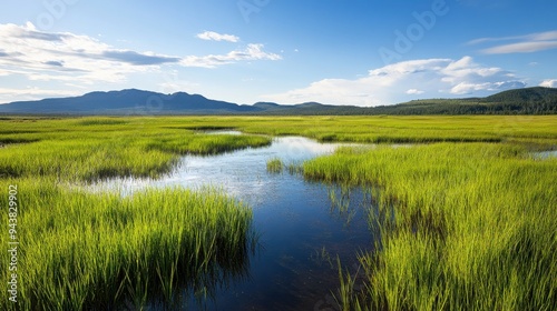 A serene landscape of lush green marshland with calm water, under a clear blue sky and distant mountains, perfect for nature lovers.