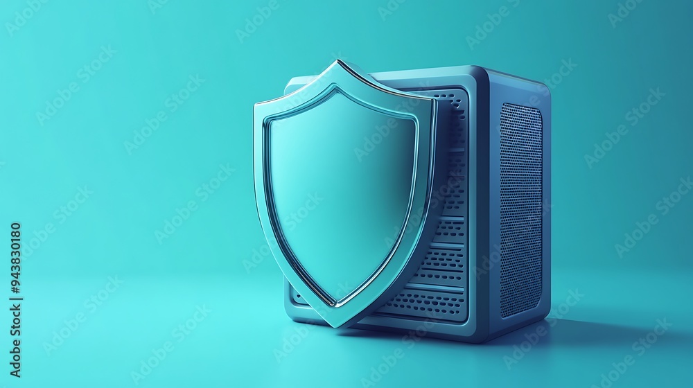 A secure server represented by a metallic shield on a turquoise background symbolizing data protection and cybersecurity. A secure server represented by a metallic shield on a turquoise background symbolizing data protection and cybersecurity.