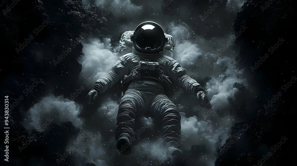 Astronaut floating in space with clouds and stars in the background. Astronaut floating in space with clouds and stars in the background.