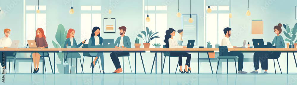 People with Sparkling Desks and Happy Smiles concept as A group of people working at sparkling desks with happy smiles set against a dreamy background offering ample space for text or graphics symboli People with Sparkling Desks and Happy Smiles concept as A group of people working at sparkling desks with happy smiles set against a dreamy background offering ample space for text or graphics symboli