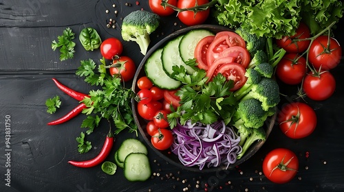 A vibrant mix of freshly picked garden vegetables served with a homemade herb dressing, photographed from above on a dark wooden table, highlighting the vivid colors and freshness of the vegetables,