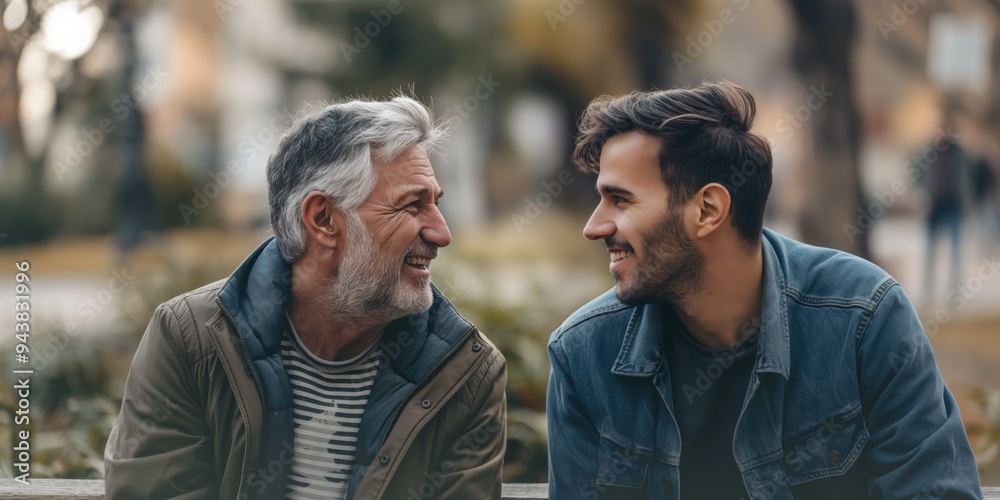 Retired father talking to his son, both smiling and laughing, sitting on a bench in the park. Retired father talking to his son, both smiling and laughing, sitting on a bench in the park.
