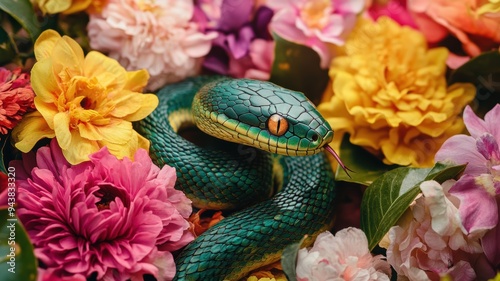 Green wooden snake coiled a...