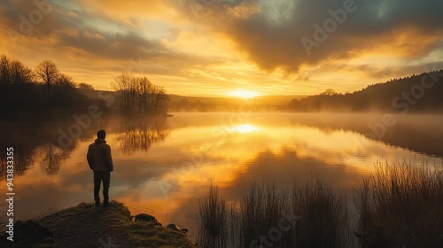 A lone figure standing by a tranquil lake, watching the golden sunrise reflect on the water.