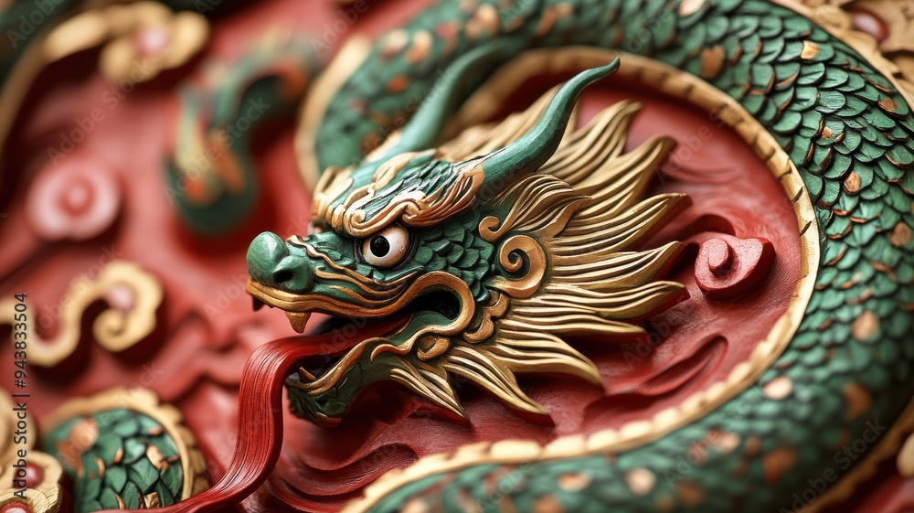 Fototapeta premium Beautifully crafted green snake with gold details and red tongue, marking the 2025 Chinese zodiac.