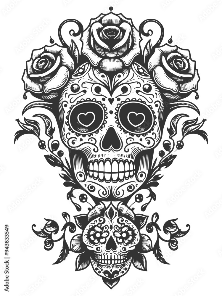 sugar skull adorned with roses, Day of the Dead celebrations, blending tradition and artistry sketch engraving generative ai vector illustration. Scratch board imitation. Black and white image. sugar skull adorned with roses, Day of the Dead celebrations, blending tradition and artistry sketch engraving generative ai vector illustration. Scratch board imitation. Black and white image.