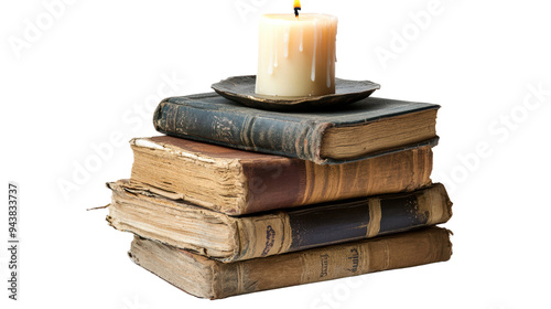 Magical Stack of Spell Books with Candle on White Background