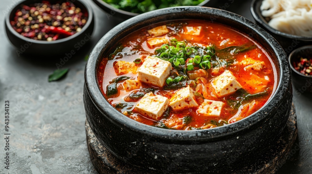 Traditional Korean tofu stew served in a black stone pot with side dishes