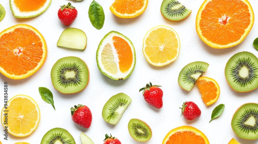 Flat view mixing different of fruits oranges, kiwi, lime, strawberries, lemon isolated on white background, Flat view mixing different of fruits oranges, kiwi, lime, strawberries, lemon isolated on white background,