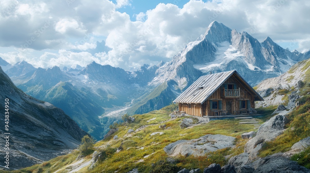 A mountain hut with panoramic views of the rugged landscape, providing a peaceful retreat. A mountain hut with panoramic views of the rugged landscape, providing a peaceful retreat.