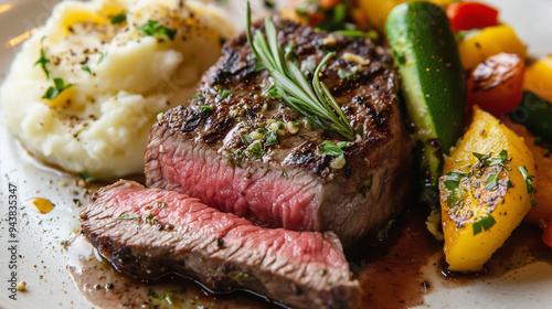 Gourmet Grilled Sirloin Steak Perfect Medium-Rare with Herb Butter and Roasted