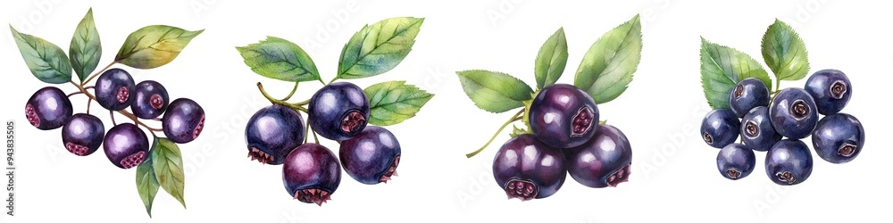 A juicy chokeberry, fruit element, watercolor illustration, rich dark tones, isolated on white background A juicy chokeberry, fruit element, watercolor illustration, rich dark tones, isolated on white background