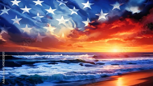 American Flag Embodied in Sunset Seascape with Sea Waves Motion Video Background