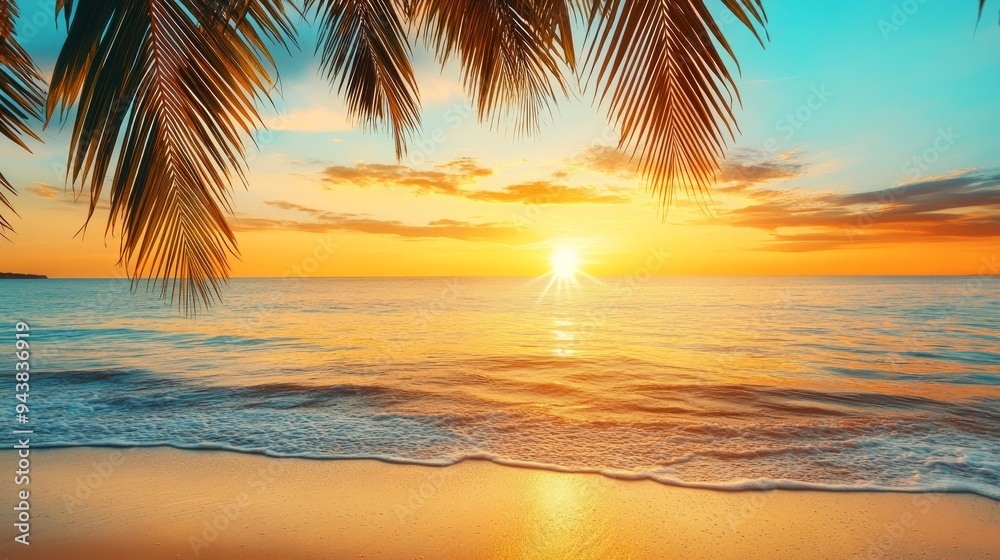 Sea sunrise, ocean sunset, tropical island sand beach, coconut palm tree leaves, soft color yellow blue sky clouds background, golden sun reflection on water, peaceful dawn landscape, summer holidays Sea sunrise, ocean sunset, tropical island sand beach, coconut palm tree leaves, soft color yellow blue sky clouds background, golden sun reflection on water, peaceful dawn landscape, summer holidays