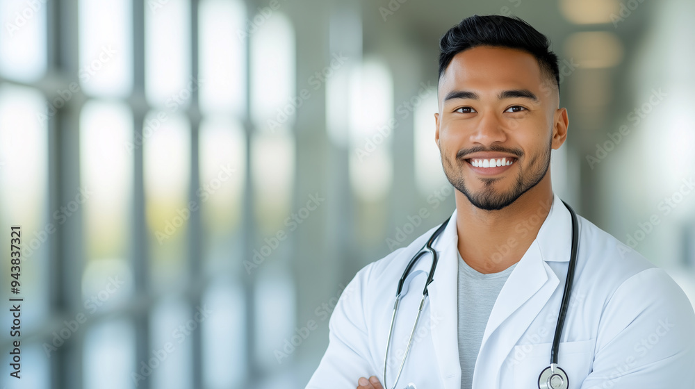 Portrait of Pacific Islander male man doctor in white coat with stethoscope smiling clinic hospital background Portrait of Pacific Islander male man doctor in white coat with stethoscope smiling clinic hospital background