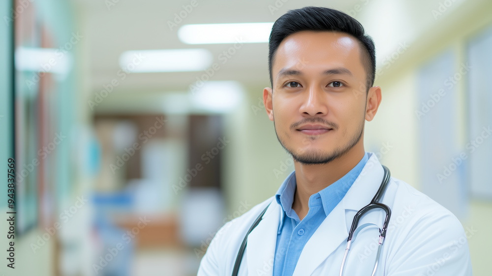 Portrait of Southeast Asian male man doctor in white coat with stethoscope smiling clinic hospital background Portrait of Southeast Asian male man doctor in white coat with stethoscope smiling clinic hospital background