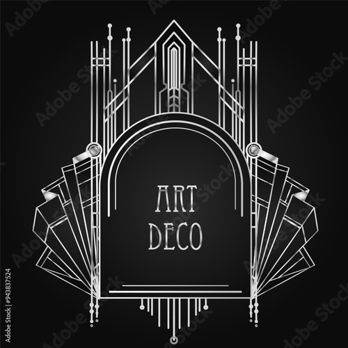 Art Deco vintage silver design element over black. Retro party geometric background set 1920s style. Vector illustration for glamour party, thematic wedding or textile prints.