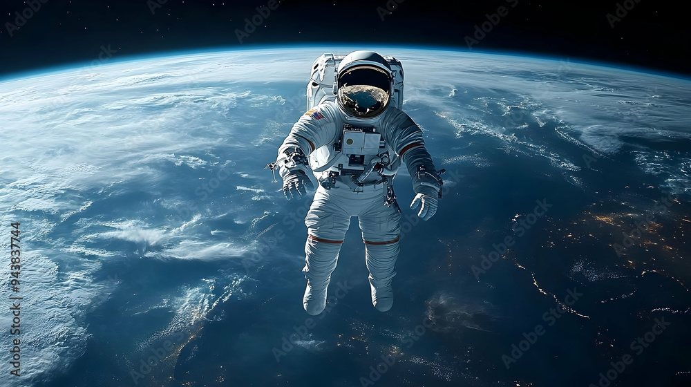 custom made wallpaper toronto digitalAstronaut floating in space, looking down at Earth with clouds and city lights.