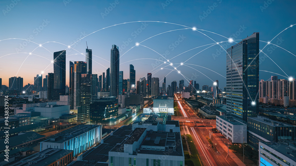 Obraz premium Smart city digital transformation concept with band lights over a modern urban cityscape at night, highlighting 5G technology and fiber optics for fast internet communication