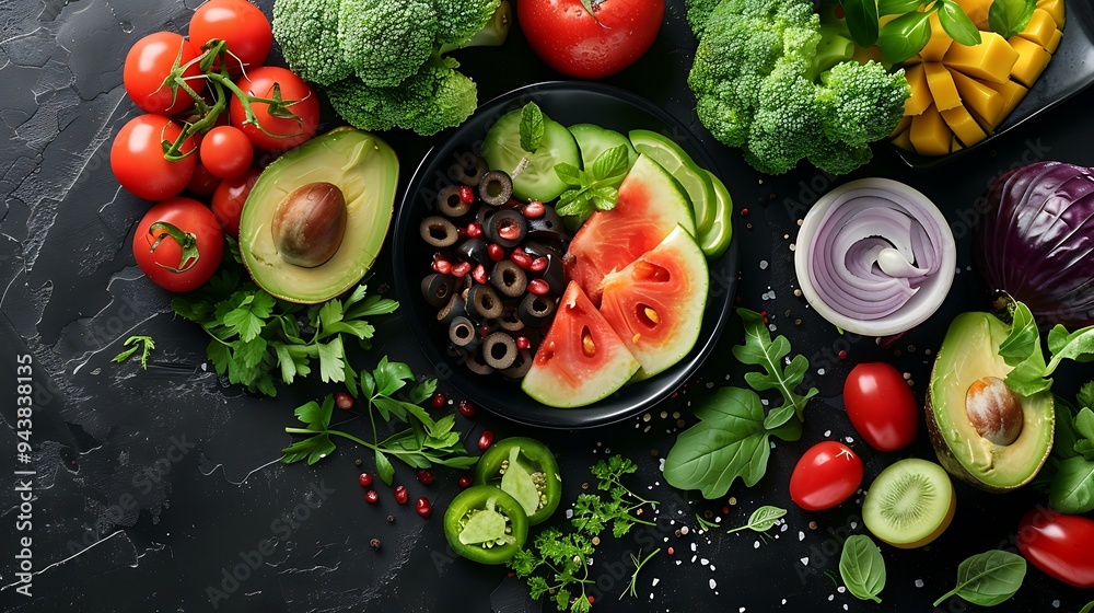 Close-up of a colorful mix of traditional vegetables and exotic fruits such as mango and papaya, set against a dark background, emphasizing the textures and bright colors, Close-up of a colorful mix of traditional vegetables and exotic fruits such as mango and papaya, set against a dark background, emphasizing the textures and bright colors,