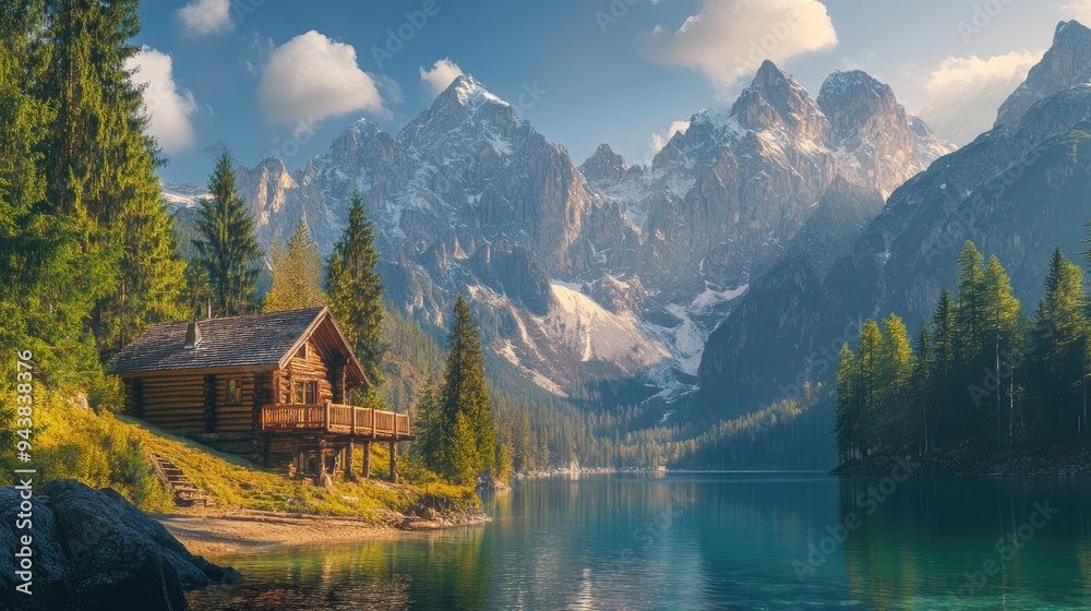 A rustic cabin overlooking a picturesque mountain lake, with towering peaks in the background. A rustic cabin overlooking a picturesque mountain lake, with towering peaks in the background.
