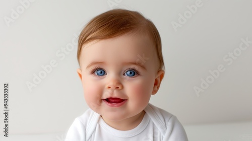 A baby with blue eyes and a smile on his face. The baby is wearing a white shirt and is sitting on a table