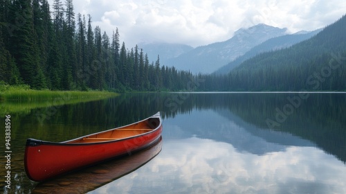 Canoe on a tranquil lake in the mountains, surrounded by dense forest, reflecting the natural beauty and solitude of the wilderness.